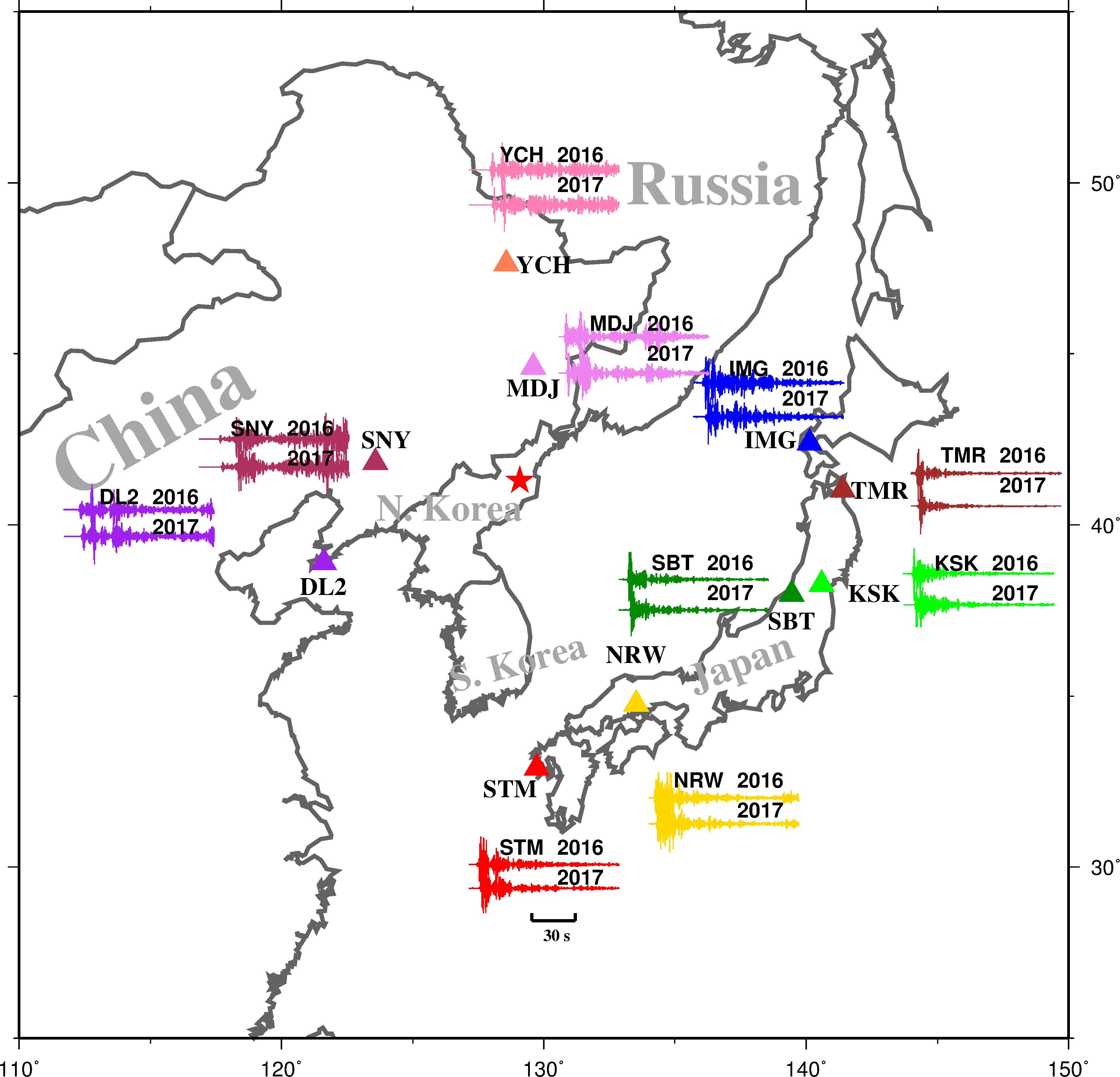 Map showing North Korea’s 2017/09/03 and 2016/09/09 nuclear test sites